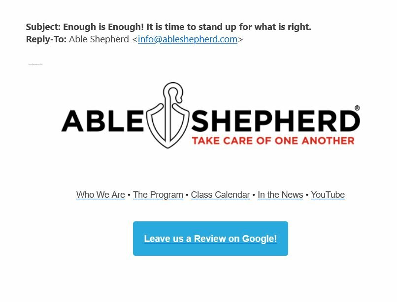 The first of four screenshots in order of an organizing email from Able Shepherd sent in mid-August, around 11 days before the Douglas County PrideFest protest.